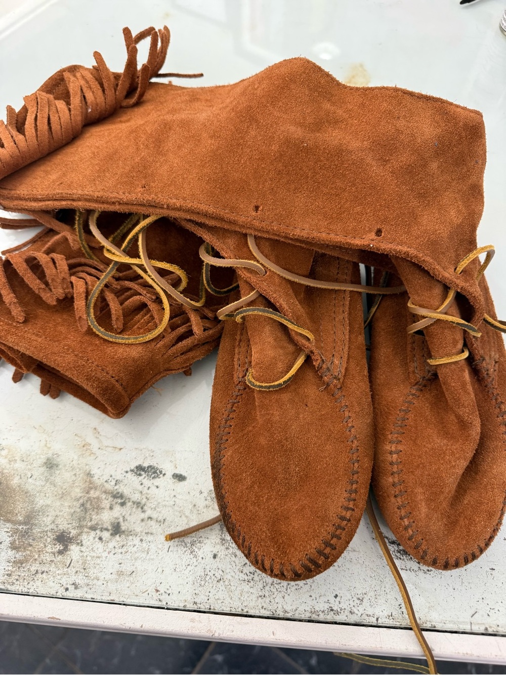 Minnetonka Rust Orange Suede Lace-Up Fringe Moccasin Boots